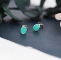 Teal Green Droplet Dot Stud Earrings in Sterling Silver with Hand Painted Enamel, Teal Green Stud, Enamel Droplet, Drop Shape