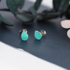 Teal Green Droplet Dot Stud Earrings in Sterling Silver with Hand Painted Enamel, Teal Green Stud, Enamel Droplet, Drop Shape