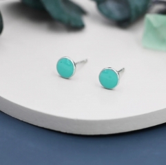 Teal Green Circle Dot Stud Earrings in Sterling Silver with Hand Painted Enamel, Pastel Stud, Enamel Dot, 6mm