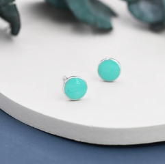 Teal Green Circle Dot Stud Earrings in Sterling Silver with Hand Painted Enamel, Pastel Stud, Enamel Dot, 6mm