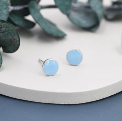 Blue Circle Dot Stud Earrings in Sterling Silver with Hand Painted Enamel, Pastel Stud, Enamel Dot, 6mm