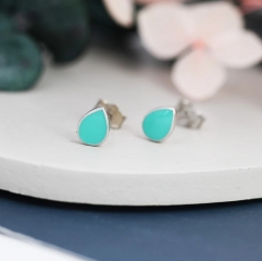 Teal Green Droplet Dot Stud Earrings in Sterling Silver with Hand Painted Enamel, Teal Green Stud, Enamel Droplet, Drop Shape