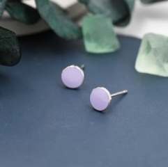 Lilac Purple Circle Dot Stud Earrings in Sterling Silver with Hand Painted Enamel, Pastel Stud, Enamel Dot, 6mm