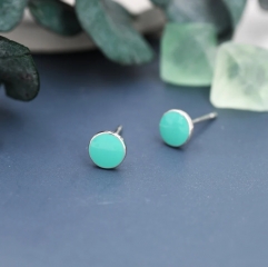 Teal Green Circle Dot Stud Earrings in Sterling Silver with Hand Painted Enamel, Pastel Stud, Enamel Dot, 6mm