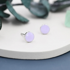 Lilac Purple Circle Dot Stud Earrings in Sterling Silver with Hand Painted Enamel, Pastel Stud, Enamel Dot, 6mm