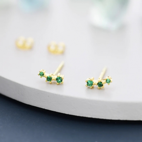 Extra Tiny Emerald Green Trio Stud Earrings in Sterling Silver, Silver or Gold, Tiny Three Star CZ Earrings, Stacking Earrings