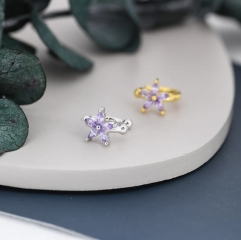 Lilac Purple CZ Flower Ear Cuff in Sterling Silver, Silver or Gold, Simple Piercing Free Earrings, Minimalist Ear Cuff