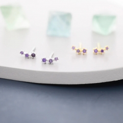Extra Tiny Amethyst Purple CZ Trio Stud Earrings in Sterling Silver, Silver or Gold, Tiny Three Star CZ Earrings, Stacking Earrings