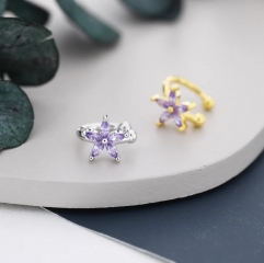 Lilac Purple CZ Flower Ear Cuff in Sterling Silver, Silver or Gold, Simple Piercing Free Earrings, Minimalist Ear Cuff