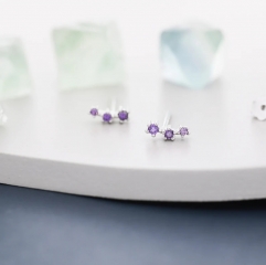 Extra Tiny Amethyst Purple CZ Trio Stud Earrings in Sterling Silver, Silver or Gold, Tiny Three Star CZ Earrings, Stacking Earrings