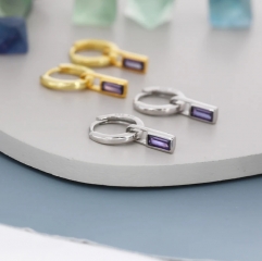 Amethyst Purple Baguette CZ Huggie Hoop in Sterling Silver, Silver or Gold, CZ Minimalist Hoop Earrings, Detachable and Interchangeable