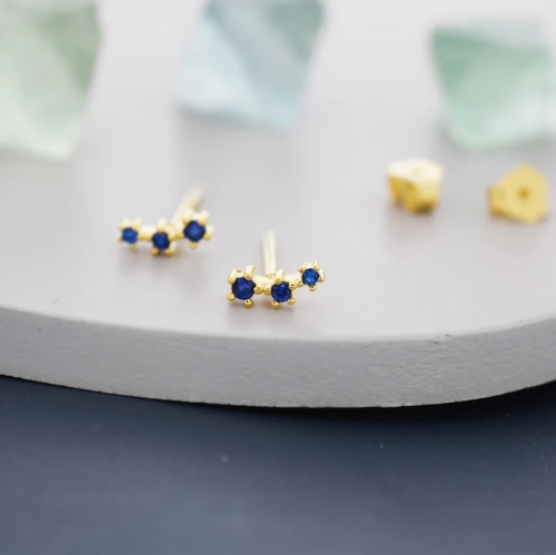 Extra Tiny Sapphire Blue CZ Trio Stud Earrings in Sterling Silver, Silver or Gold, Tiny Three Star CZ Earrings, Stacking Earrings