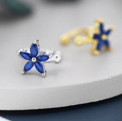 Sapphire Blue CZ Flower Ear Cuff in Sterling Silver, Silver or Gold, Simple Piercing Free Earrings, Minimalist Ear Cuff