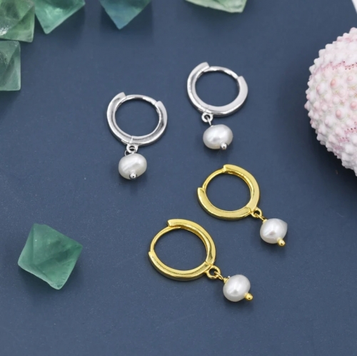 Tiny Dangle Pearl Huggie Hoops Earrings in Sterling Silver, Genuine Freshwater Pearls, Silver or Gold, Minimalist Simple Hoop Earrings