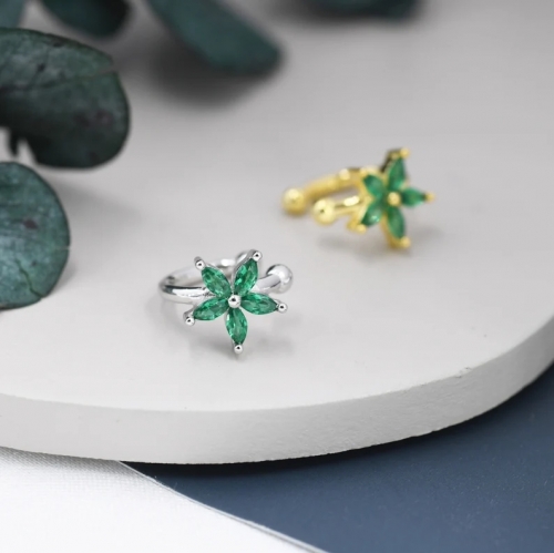 Emerald Green CZ Flower Ear Cuff in Sterling Silver, Silver or Gold, Simple Piercing Free Earrings, Minimalist Ear Cuff