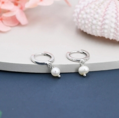 Tiny Dangle Pearl Huggie Hoops Earrings in Sterling Silver, Genuine Freshwater Pearls, Silver or Gold, Minimalist Simple Hoop Earrings