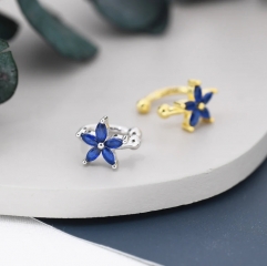 Sapphire Blue CZ Flower Ear Cuff in Sterling Silver, Silver or Gold, Simple Piercing Free Earrings, Minimalist Ear Cuff