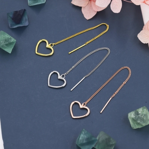 Open Heart Threader Earrings in Sterling Silver, Cutout Heart Ear Threaders, Silver, Gold or Rose Gold, Short Ear Threaders