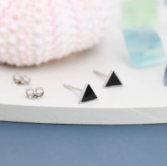 Black Triangle Stud Earrings in Sterling Silver with Hand Painted Enamel, Black Stud, Tiny Triangle Stud