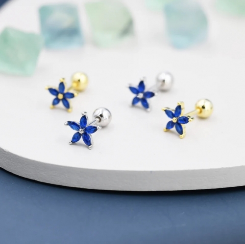 Sterling Silver Blue Forget-me-not CZ Flower Barbell Earrings, Gold or Silver, Marquise CZ Screw Back Earrings, Stacking Earings