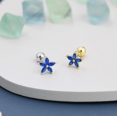 Sterling Silver Blue Forget-me-not CZ Flower Barbell Earrings, Gold or Silver, Marquise CZ Screw Back Earrings, Stacking Earings