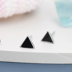Black Triangle Stud Earrings in Sterling Silver with Hand Painted Enamel, Black Stud, Tiny Triangle Stud