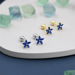 Sterling Silver Blue Forget-me-not CZ Flower Barbell Earrings, Gold or Silver, Marquise CZ Screw Back Earrings, Stacking Earings