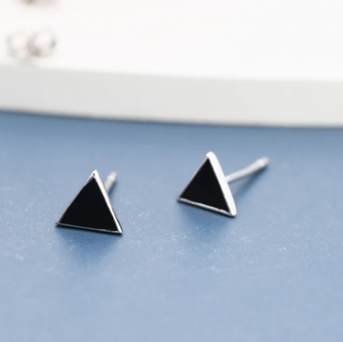 Black Triangle Stud Earrings in Sterling Silver with Hand Painted Enamel, Black Stud, Tiny Triangle Stud