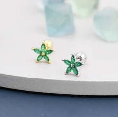 Sterling Silver Emerald Green CZ Flower Barbell Earrings, Gold or Silver, Marquise CZ Screw Back Earrings, Stacking Earings