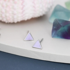 Pastel Purple Triangle Stud Earrings in Sterling Silver with Hand Painted Enamel, Black Stud, Tiny Triangle Stud