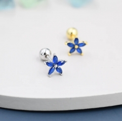 Sterling Silver Blue Forget-me-not CZ Flower Barbell Earrings, Gold or Silver, Marquise CZ Screw Back Earrings, Stacking Earings
