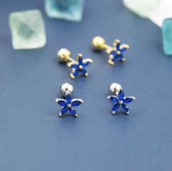 Sterling Silver Blue Forget-me-not CZ Flower Barbell Earrings, Gold or Silver, Marquise CZ Screw Back Earrings, Stacking Earings