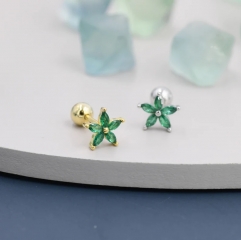 Sterling Silver Emerald Green CZ Flower Barbell Earrings, Gold or Silver, Marquise CZ Screw Back Earrings, Stacking Earings