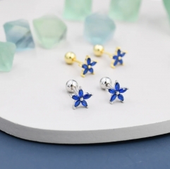 Sterling Silver Blue Forget-me-not CZ Flower Barbell Earrings, Gold or Silver, Marquise CZ Screw Back Earrings, Stacking Earings