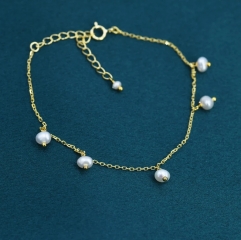 Sterling Silver Tiny Dangle Pearl Beaded Bracelet, Silver or Gold, Genuine Freshwater Pearls, Natural Pearl Bracelet, Ivory Pearls