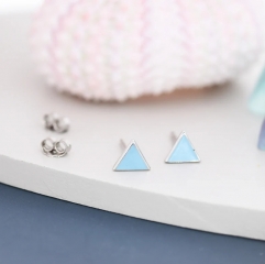 Pastel Blue Triangle Stud Earrings in Sterling Silver with Hand Painted Enamel, Pastel Blue Stud, Tiny Triangle Stud