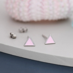 Pink Triangle Stud Earrings in Sterling Silver with Hand Painted Enamel, Pastel Pink Stud, Tiny Triangle Stud