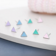 Pastel Blue Triangle Stud Earrings in Sterling Silver with Hand Painted Enamel, Pastel Blue Stud, Tiny Triangle Stud