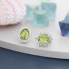 Sterling Silver Natural Peridot Oval Stud Earrings, Oavl Halo Stud, Genuine Peridot Gemstone Stud, Minimalist Style, August Birthstone