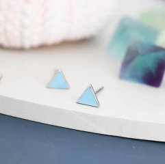 Pastel Blue Triangle Stud Earrings in Sterling Silver with Hand Painted Enamel, Pastel Blue Stud, Tiny Triangle Stud