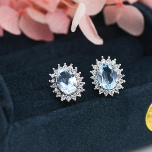 Sterling Silver Natural Blue Topaz Oval Stud Earrings, Oval Halo Stud, Genuine Topaz Gemstone Stud, Minimalist Style, November Birthstone