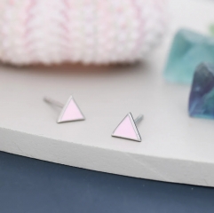 Pink Triangle Stud Earrings in Sterling Silver with Hand Painted Enamel, Pastel Pink Stud, Tiny Triangle Stud