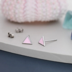 Pink Triangle Stud Earrings in Sterling Silver with Hand Painted Enamel, Pastel Pink Stud, Tiny Triangle Stud