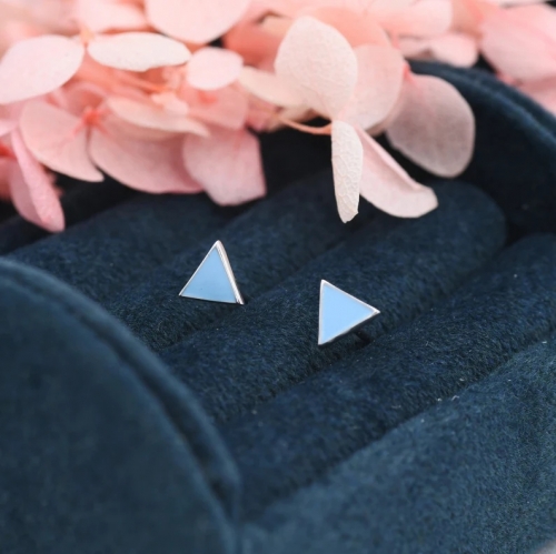 Pastel Blue Triangle Stud Earrings in Sterling Silver with Hand Painted Enamel, Pastel Blue Stud, Tiny Triangle Stud