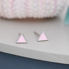 Pink Triangle Stud Earrings in Sterling Silver with Hand Painted Enamel, Pastel Pink Stud, Tiny Triangle Stud