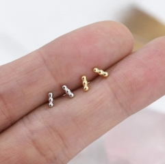 Tiny Three Dot Stud Earrings in Sterling Silver, Tiny Bar Earrings, Beaded Bar, Bauble Earrings, Pebble, Silver or Gold, Stacking Earrings