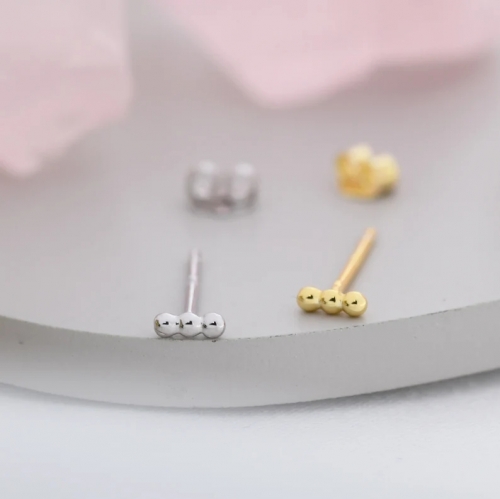 Tiny Three Dot Stud Earrings in Sterling Silver, Tiny Bar Earrings, Beaded Bar, Bauble Earrings, Pebble, Silver or Gold, Stacking Earrings