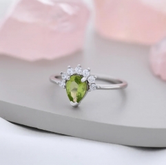 Genuine Pear Cut Peridot Crown Ring in Sterling Silver, Natural Peridot Crystal Ring, Vintage Inspired Design