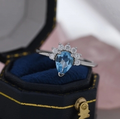 Genuine Pear Cut Swiss Blue Topaz Crown Ring in Sterling Silver, Natural Blue Topaz CZ Ring, Vintage Inspired Design