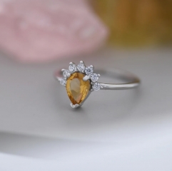 Genuine Pear Cut Citrine Crown Ring in Sterling Silver, Natural Yellow Citrine CZ Ring, Vintage Inspired Design